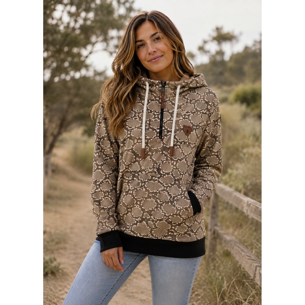 Wanakome Taylor Snake Half-Zip Hoodie Women XL Tan Black Animal Print Sweatshirt